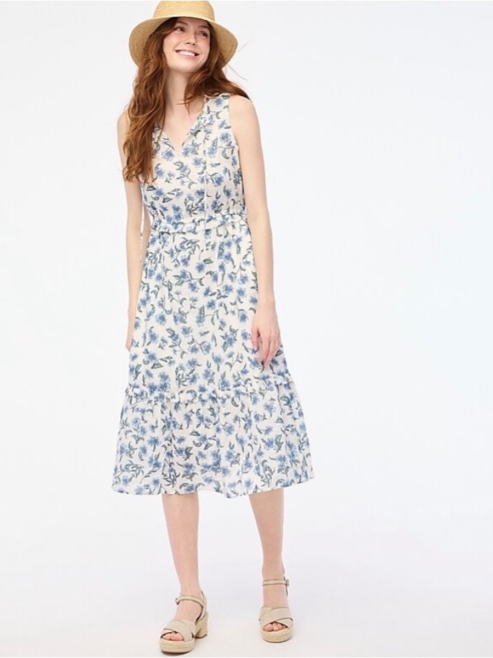 J. Crew Floral Tie-Front Cotton Poplin Midi Dress. Blue/White. Size 8. EUC